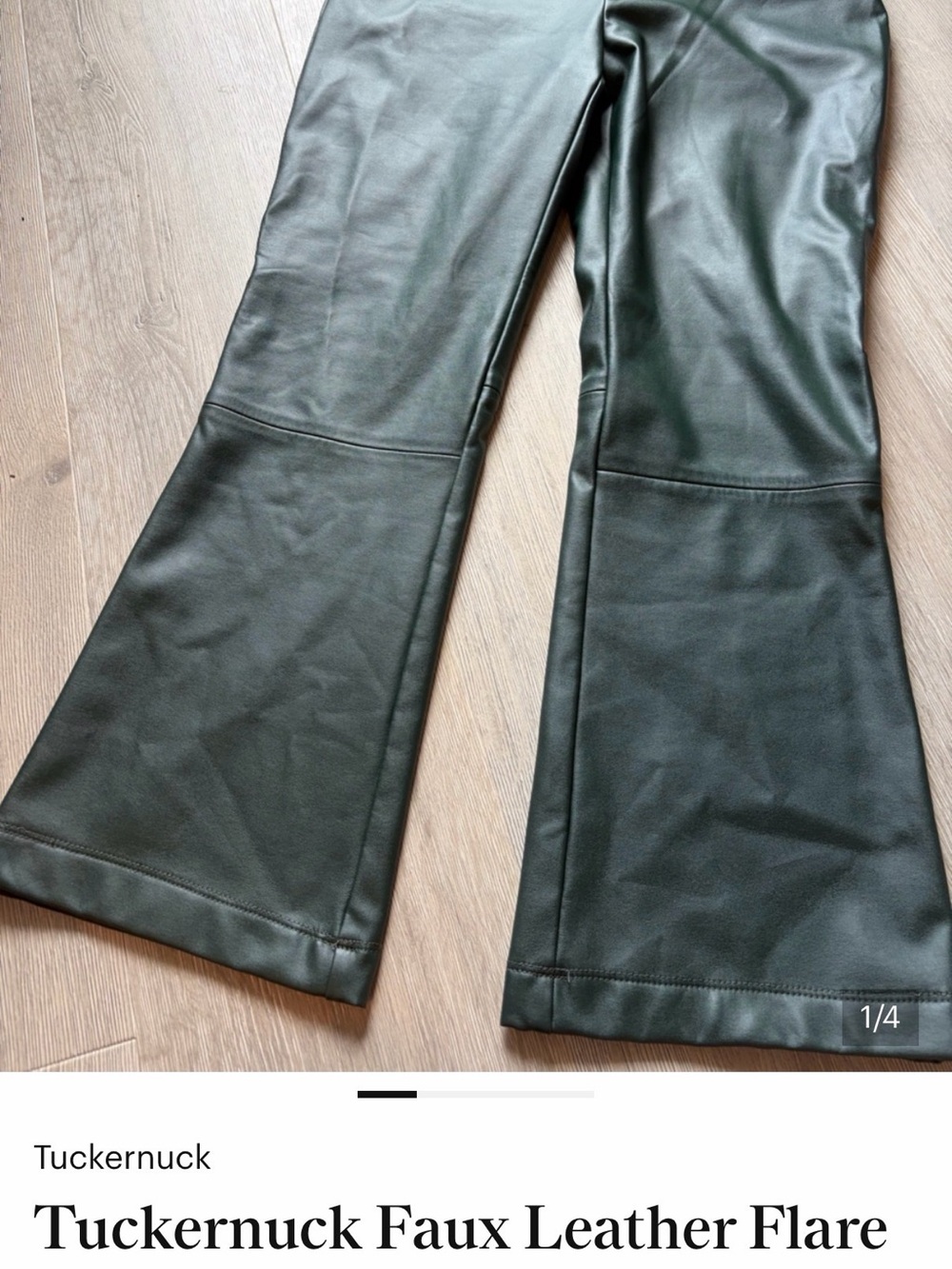 Tuckernuck Faux Leather Flare Leggings in Dark Green. Slightly cropped.